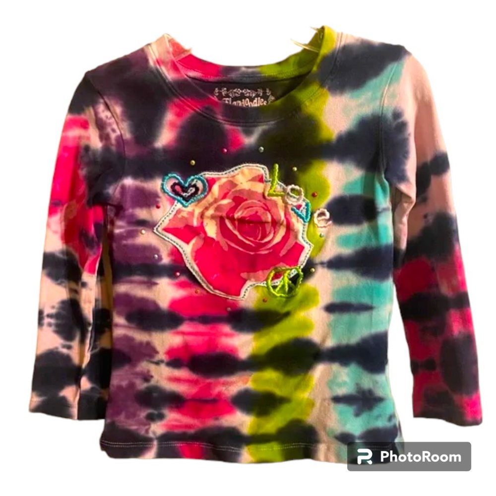 Flapdoodles Girl long sleeve tie dye shirt sz 4 flower, Love, heart, peace sign